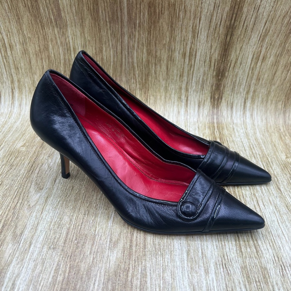 Coach Pointed Toe Pumps Women's Size 8 B Black Button Pleated Stiletto Heels